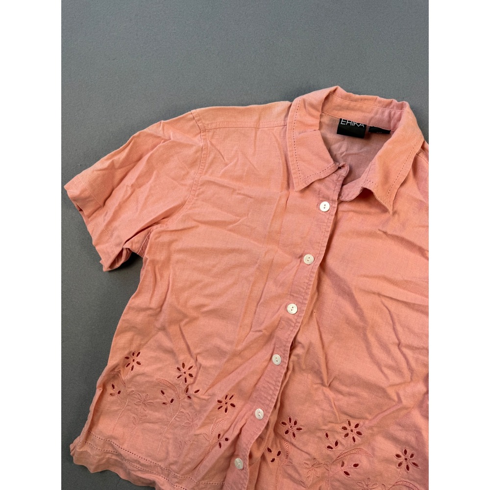 Erika Womens Linen Blend Coral Pink Eyelet Floral Button Up Short Sleeve Shirt M
